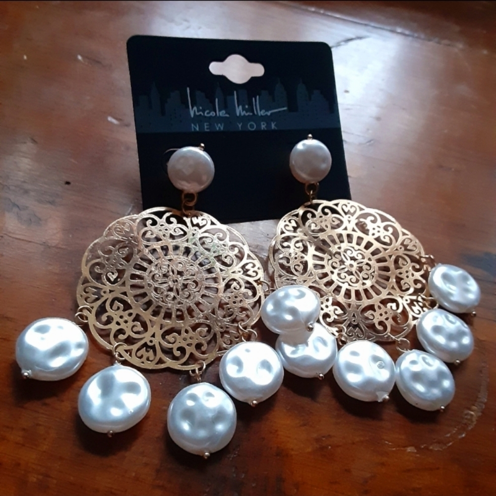 Nicole Miller Gold Filagree Pearl Drop Earrings